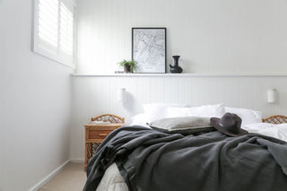 sienna living charcoal woolen blanket on bed in white room 