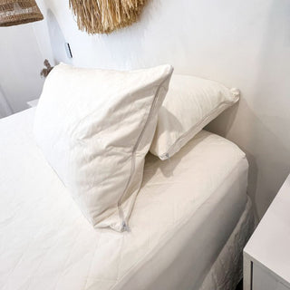 close up of two white pillow protectors with zip enclosures on a white mattress protector on a mattress