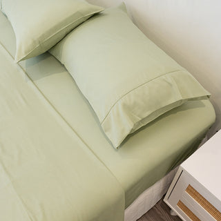 Close-up of Sienna Living's Gum leaf eco-friendly pillowcase fabric.